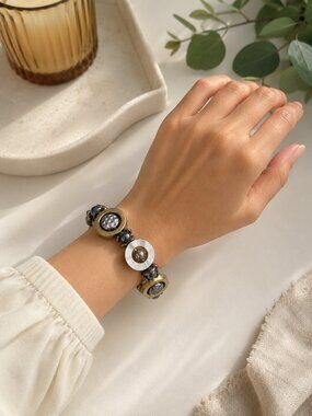 Artisan Modernist Stretch Bracelet Mixed Metal Hammered Statement Jewelry